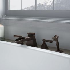 Click here to see Brizo T67745-RB Brizo Vesi Two-Handle Roman Tub Faucet Trim with Hand Shower, 4-Hole, Channel Spout, 1.75 GPM, Lever Handles, ADA, Venetian Bronze - T67745-RB