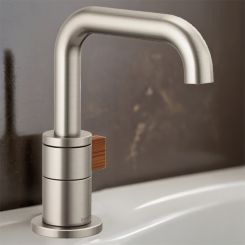 Click here to see  65035LF-NKTK Brizo Litze One-Handle Bathroom Faucet with Ceramic Cartridge, Single-Hole, 1.5 GPM, Less Drain, Brilliance Luxe Nickel/Teak Wood - 65035LF-NKTK