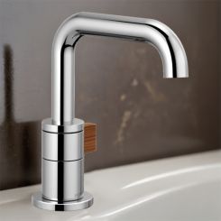 Click here to see  65035LF-PCTK Brizo Litze One-Handle Bathroom Faucet with Ceramic Cartridge, Single-Hole, 1.5 GPM, Less Drain, Polished Chrome/Teak Wood - 65035LF-PCTK