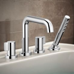 Click here to see Brizo T67435-PCLHP Brizo Litze Two-Handle Deck-Mount Roman Tub Faucet Trim with H2Okinetic Handshower, 1.75 GPM, 4-Hole, Polished Chrome - T67435-PCLHP