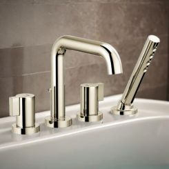 Click here to see  T67435-PNLHP Brizo Litze Two-Handle Deck-Mount Roman Tub Faucet Trim with H2Okinetic Handshower, 1.75 GPM, 4-Hole, Brilliance Polished Nickel - T67435-PNLHP
