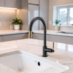 Click here to see  63043LF-BLGL Brizo Litze Pull-Down Kitchen Faucet with Arc Spout and Knurled Handle, Two-Function Wand, ADA, 1.8 GPM, Matte Black/Brilliance Luxe Gold - 63043LF-BLGL