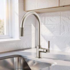 Click here to see  63043LF-SS Brizo Litze Pull-Down Kitchen Faucet with Arc Spout and Knurled Handle, Two-Function Wand, ADA, 1.8 GPM, Brilliance Stainless - 63043LF-SS