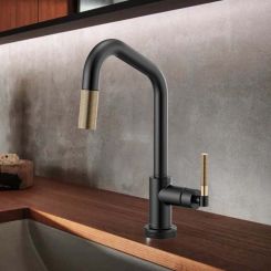 Click here to see  64063LF-BLGL Brizo Litze SmartTouch Pull-Down Kitchen Faucet with Angled Spout and Knurled Handle, Matte Black/Brilliance Luxe Gold - 64063LF-BLGL