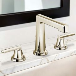 Click here to see Brizo 65398LF-PNLHP-ECO Brizo Levoir Two-Handle Widespread Lavatory Faucet With High Spout, Less Handles, 1.2 GPM, Brilliance Polished Nickel - 65398LF-PNLHP-ECO