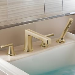 Click here to see  T67498-GLLHP Brizo Levoir Two-Handle Roman Tub Faucet Trim with H2Okinetic Handshower, 4-Hole, Less Handles, Brilliance Luxe Gold - T67498-GLLHP