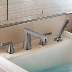 Click here to see Brizo T67498-SLLHP Brizo Levoir Two-Handle Roman Tub Faucet Trim with H2Okinetic Handshower, 4-Hole, Less Handles, Brilliance Luxe Steel - T67498-SLLHP