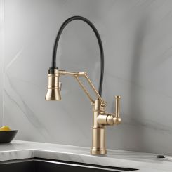 Click here to see Brizo 63225LF-GL Brizo Artesso Single-Handle Articulating Kitchen Faucet w/ 2-Function Sprayer, MagneDock, 1.8 GPM, Brilliance Luxe Gold - 63225LF-GL 