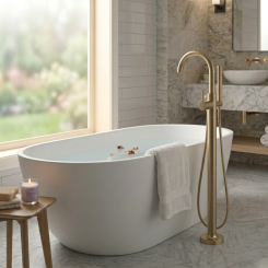 Click here to see  T70175-GL Brizo Odin Single-Handle Freestanding Tub Filler with Single-Function H2Okinetic Handshower, 1.75 GPM, Brilliance Luxe Gold - T70175-GL