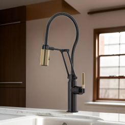Click here to see  63143LF-BLGL Brizo Litze Single-Handle Articulating Kitchen Faucet with Finished Hose, 2-Function, Knurled Handle, 1.8 GPM, Matte Black/Brilliance Luxe Gold - 63143LF-BLGL