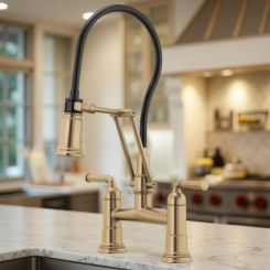 Click here to see Brizo 62274LF-GL Brizo Rook Two-Handle Widespread Articulating Bridge Kitchen Sink Faucet, 1.8 GPM, Brilliance Luxe Gold - 62274LF-GL
