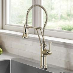 Click here to see DELTA FAUCETS COMPANY 63125LF-PN Brizo Artesso Articulating Kitchen Faucet With Finished Hose, MagneDock, 1.8 GPM, Brilliance Polished Nickel - 63125LF-PN