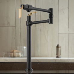 Click here to see Brizo 62744LF-BLGL Brizo Litze Deck Mount Pot Filler with Industrial Handles, Dual-Jointed, Swivel Spout, 4.0 GPM, Matte Black/Brilliance Luxe Gold - 62744LF-BLGL