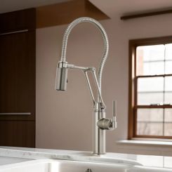Click here to see  63143LF-SS Brizo Litze Single-Handle Articulating Kitchen Faucet with Finished Hose, 2-Function, Knurled Handle, 1.8 GPM, Brilliance Stainless - 63143LF-SS