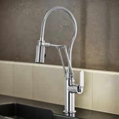 Click here to see  63144LF-PC Brizo Litze Single-Handle Articulating Faucet with Finished Hose, Two-Function, Industrial Handle, ADA, 1.8 GPM, Polished Chrome - 63144LF-PC