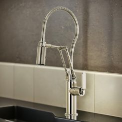 Click here to see Brizo 63144LF-PN Brizo Litze Single-Handle Articulating Faucet with Finished Hose, Two-Function, Industrial Handle, ADA, 1.8 GPM, Brilliance Polished Nickel - 63144LF-PN