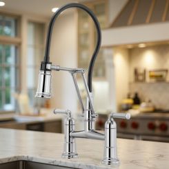 Click here to see  62274LF-PC Brizo Rook Two-Handle Widespread Articulating Bridge Kitchen Sink Faucet, 1.8 GPM, Polished Chrome - 62274LF-PC