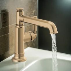 Click here to see  65076LF-GL-ECO Brizo Invari Single-Handle Deck-Mount Bathroom Faucet, Single-Hole, Ceramic Cartridge, 1.2 GPM, Brilliance Luxe Gold - 65076LF-GL-ECO