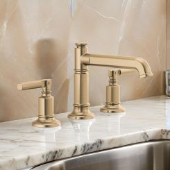 Click here to see Brizo 65377LF-GLLHP Brizo Invari Two-Handle Widespread Brilliance Luxe Gold Bathroom Faucet with Metal Pop-Up, Column Spout, 1.5 GPM, Three-Hole, Less Handles - 65377LF-GLLHP