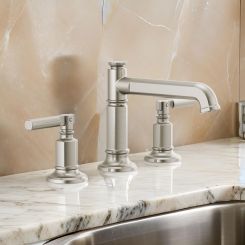 Click here to see DELTA FAUCETS COMPANY 65377LF-NKLHP Brizo Invari Two-Handle Widespread Brilliance Luxe Nickel Bathroom Faucet with Metal Pop-Up, Column Spout, 1.5 GPM, Three-Hole, Less Handles - 65377LF-NKLHP