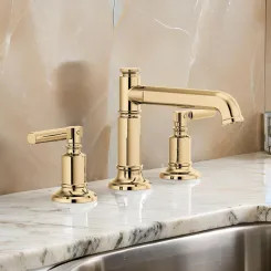 Click here to see  65377LF-PGLHP-ECO Brizo Invari Two-Handle Widespread Bathroom Faucet w/ Column Spout, Metal Pop-Up, Less Handles, 1.2 GPM, Brilliance Polished Gold - 65377LF-PGLHP-ECO