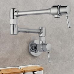 Click here to see BRIZO 62820LF-PC Brizo Two-Handle Wall-Mount Pot Filler with Dual-Jointed Swing Spout, 4 GPM, Polished Chrome - 62820LF-PC