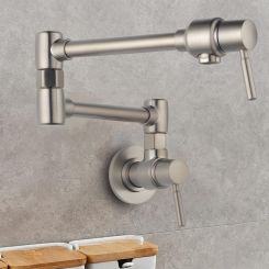 Click here to see BRIZO 62820LF-SS Brizo Two-Handle Wall-Mount Pot Filler with Dual-Jointed Swing Spout, 4 GPM, Brilliance Stainless - 62820LF-SS