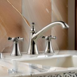 Click here to see BRIZO T67305-PNLHP Brizo Baliza Two-Handle Deck-Mount Roman Tub Faucet Trim, 3-Hole, Slip-On Spout, Less Handles, Brilliance Polished Nickel - T67305-PNLHP