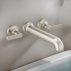 Click here to see  T70406-NKLHP Brizo Kintsu Two-Handle Wall-Mount Tub Faucet Trim, 3-Hole, 9.3 GPM, Solid Brass, Less Handles, Brilliance Luxe Nickel - T70406-NKLHP