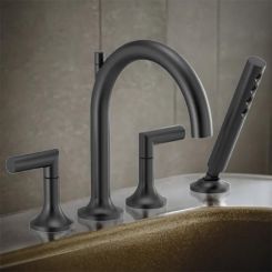 Click here to see  T67475-BLLHP Brizo Odin Two-Handle Roman Tub Faucet Trim with H2Okinetic Hand Shower, 4-Hole, Arc-Spout, 1.75 GPM, Matte Black - T67475-BLLHP