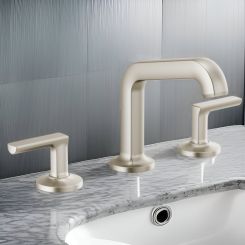 Click here to see Brizo 65307LF-NKLHP-ECO Brizo Kintsu Two-Handle Widespread Lavatory Faucet with Angled Spout, Less Handles, Deck Mount, 1.2 GPM, Brilliance Luxe Nickel - 65307LF-NKLHP-ECO