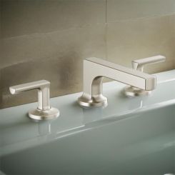 Click here to see  65308LF-NKLHP Brizo Kintsu Two-Handle Widespread Lavatory Faucet w/ Low Spout, Less Handles, Deck Mount, 1.5 GPM, Brilliance Luxe Nickel - 65308LF-NKLHP