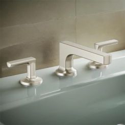 Click here to see Brizo 65308LF-NKLHP-ECO Brizo Kintsu Two-Handle Widespread Lavatory Faucet w/ Low Spout, Less Handles, Deck Mount, 1.2 GPM, Brilliance Luxe Nickel - 65308LF-NKLHP-ECO