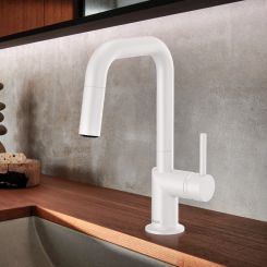 Click here to see  63965LF-MWLHP Brizo Jason Wu Pull-Down Prep Kitchen Faucet with Swivel Spout, MagneDock, Two Function, 1.8 GPM, Matte White - 63965LF-MWLHP