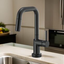 Click here to see  64965LF-BLLHP Brizo Odin SmartTouch Pull-Down Prep Kitchen Faucet with Square Spout, Diamond Seal Technology, MagneDock Magnetic Docking, Touch-Clean, 1.8 GPM, Matte Black - 64965LF-BLLHP
