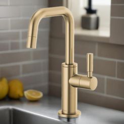 Click here to see DELTA FAUCETS COMPANY 61365LF-C-GL Brizo Jason Wu Single-Handle Cold Water Beverage Faucet with Square Spout, 1.5 GPM, Brilliance Luxe Gold - 61365LF-C-GL