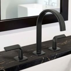 Click here to see  65367LF-BLLHP-ECO Brizo Allaria Two-Handle Widespread Deck-Mount Matte Black Bathroom Faucet, Arc Spout, 1.2 GPM, Three-Hole, Less Handles - 65367LF-BLLHP-ECO