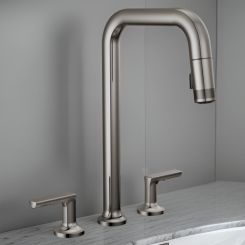 Click here to see Brizo 62507LF-BNXLHP-L Brizo Kintsu Two-Handle Widespread Pull-Down Kitchen Faucet w/ Square Spout, MagneDock, Less Handles, 1.8 GPM, Lumicoat Black Onyx - 62507LF-BNXLHP-L