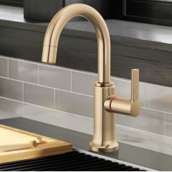 Click here to see Brizo 61306LF-H-GL-L Brizo Kintsu Single-Handle Instant Hot Faucet with Arc Spout, Self Closing Handle, 1.0 GPM, Lumicoat Luxe Gold - 61306LF-H-GL-L