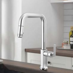 Click here to see Brizo 63007LF-PCLHP-L Brizo Kintsu Pull-Down Kitchen Faucet with Square Spout, DIAMOND Seal, MagneDock, Less Handle, 1.8 GPM, Lumicoat Polished Chrome - 63007LF-PCLHP-L