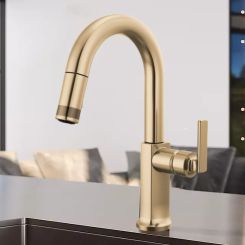 Click here to see Brizo 63906LF-GLLHP-L Brizo Kintsu Pull-Down Prep Faucet with Arc Spout, Less Handle, 1.8 GPM, Lumicoat Luxe Gold - 63906LF-GLLHP-L