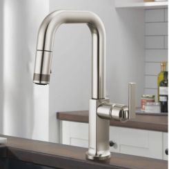 Click here to see Brizo 63907LF-SSLHP-L Brizo Kintsu Single-Handle Pull-Down Prep Faucet w/ Square Spout, Less Handle, 1.8 GPM, Lumicoat Stainless - 63907LF-SSLHP-L