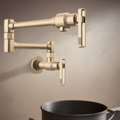 Click here to see  62807LF-GL-L Brizo Kintsu Two-Handle Pot Filler with Knob Handles, Wall Mount, Brass, 4 GPM, Lumicoat Luxe Gold - 62807LF-GL-L