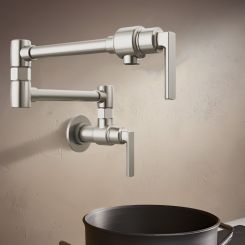 Click here to see  62806LF-SS-L Brizo Kintsu Two-Handle Pot Filler with Lever Handles, Wall Mount, Brass, 4 GPM, Lumicoat Stainless Steel - 62806LF-SS-L