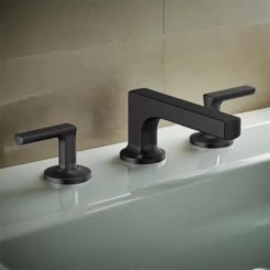Click here to see Brizo 65308LF-BLLHP-ECO Brizo Kintsu Two-Handle Widespread Lavatory Faucet w/ Low Spout, Less Handles, Deck Mount, 1.2 GPM, Matte Black - 65308LF-BLLHP-ECO