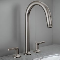 Click here to see Brizo 62506LF-BNXLHP-L Brizo Kintsu Two-Handle Widespread Pull-Down Kitchen Faucet w/ Arc Spout, MagneDock, Less Handles, 1.8 GPM, Lumicoat Black Onyx - 62506LF-BNXLHP-L