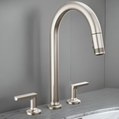 Click here to see  62506LF-SSLHP-L Brizo Kintsu Two-Handle Widespread Pull-Down Kitchen Faucet w/ Arc Spout, MagneDock, Less Handles, 1.8 GPM, Lumicoat Stainless - 62506LF-SSLHP-L
