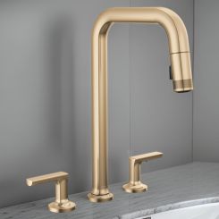 Click here to see Brizo 62507LF-GLLHP-L Brizo Kintsu Two-Handle Widespread Pull-Down Kitchen Faucet w/ Square Spout, MagneDock, Less Handles, 1.8 GPM, Lumicoat Luxe Gold - 62507LF-GLLHP-L