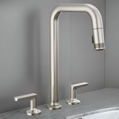 Click here to see  62507LF-SSLHP-L Brizo Kintsu Two-Handle Widespread Pull-Down Kitchen Faucet w/ Square Spout, MagneDock, Less Handles, 1.8 GPM, Lumicoat Stainless - 62507LF-SSLHP-L