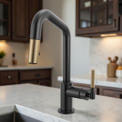 Click here to see  63963LF-BLGL Brizo Litze Pull-Down Prep Faucet with Angle Spout - Knurled Handle, 1.8 GPM, Matte Black/Brilliance Luxe Gold - 63963LF-BLGL 